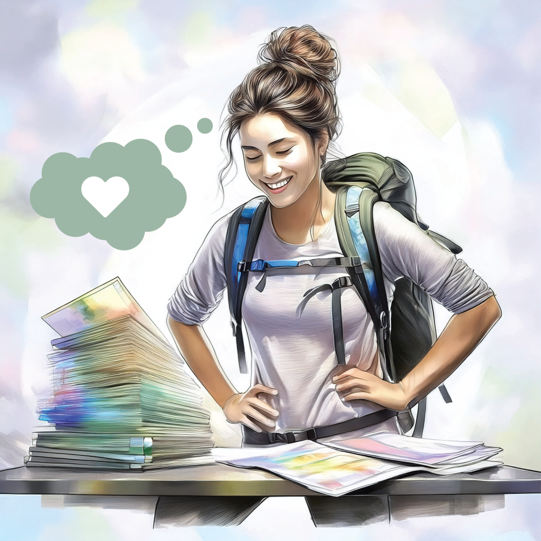 Woman viewing stack of kudos and completed projects