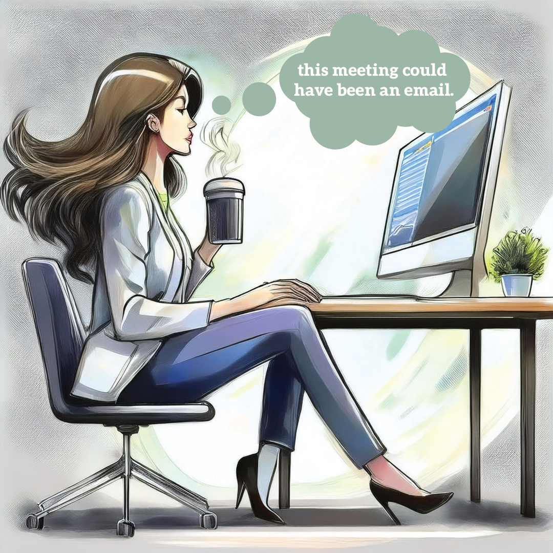 Woman seated in front of computer monitor sipping coffee