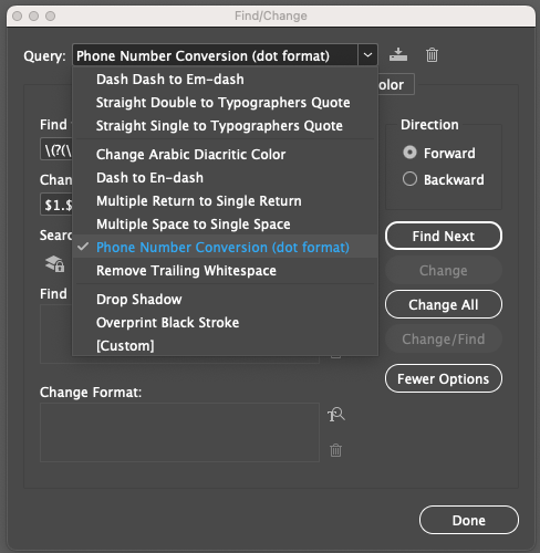 Screen capture of Indesign Find/Change menu